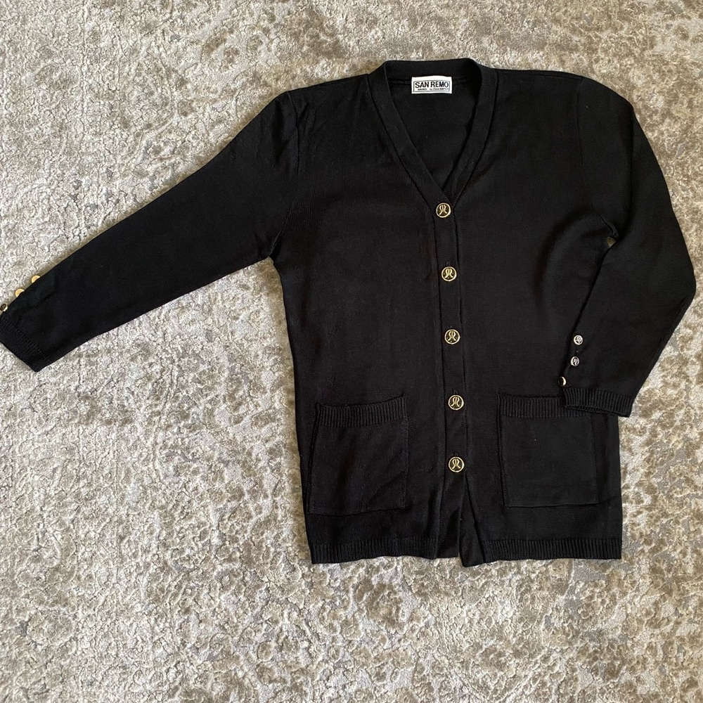 San Remo by Laura Knits Vintage Black Knit Sweater w/ Gold Buttons Size M